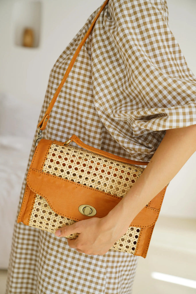Audrey Cane Rattan Clutch - Camel
