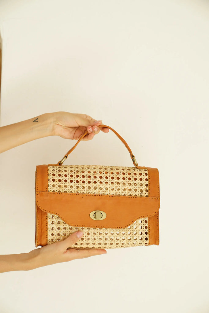 Audrey Cane Rattan Clutch - Camel