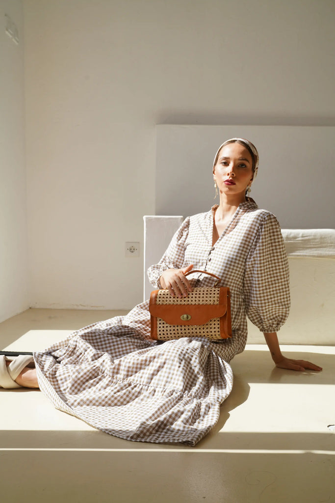 Audrey Cane Rattan Clutch - Camel