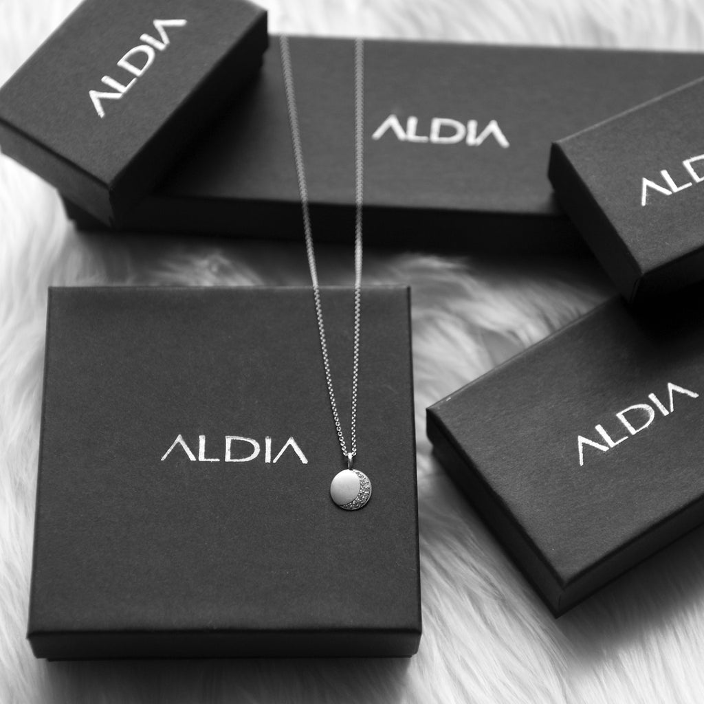 Dainty Crescent Moon Disc Necklace - Silver + Pave White Diamonds