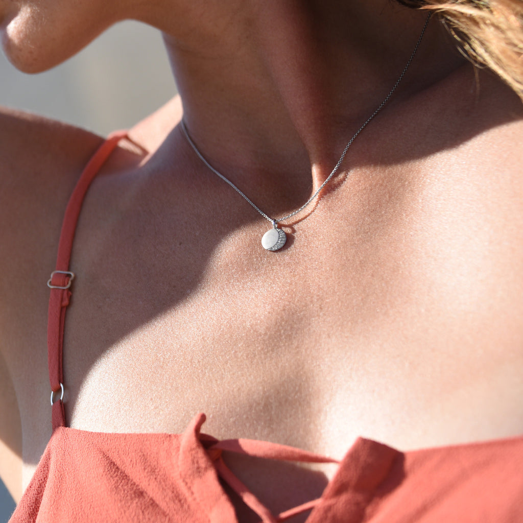 Dainty Crescent Moon Disc Pendant - 14K Gold + Pave White Diamonds - ALDIA 
 - 2