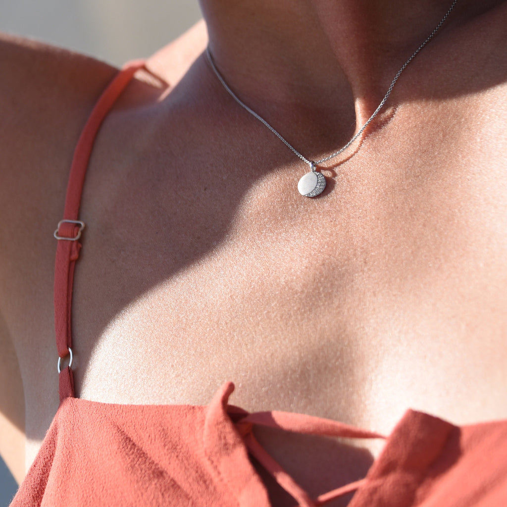 Dainty Crescent Moon Disc Necklace - SILVER + CZ