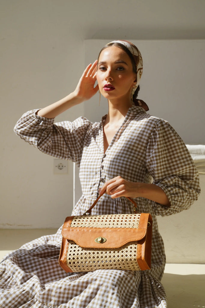 Audrey Cane Rattan Clutch - Camel