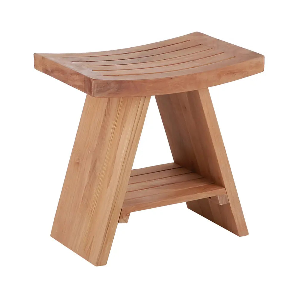 Nordic Style Natural Teak Stool with Curved Seat and Shelf