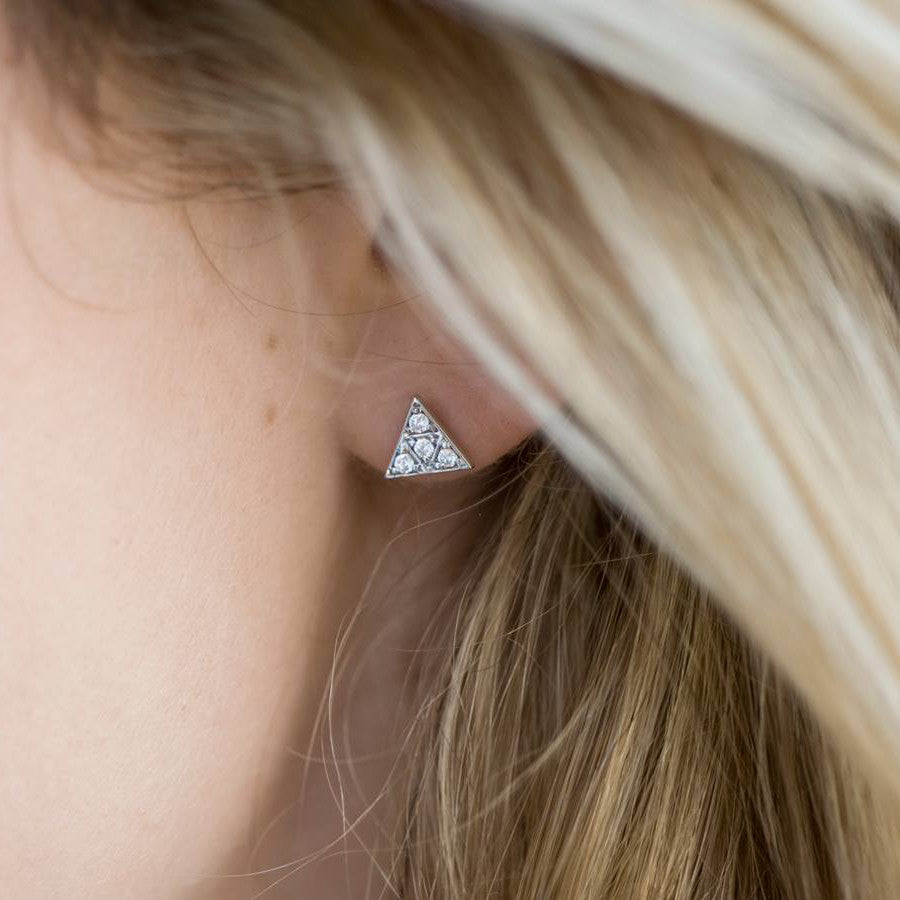 TINY TRIANGLE STUDS - 14K GOLD + PAVE WHITE DIAMONDS