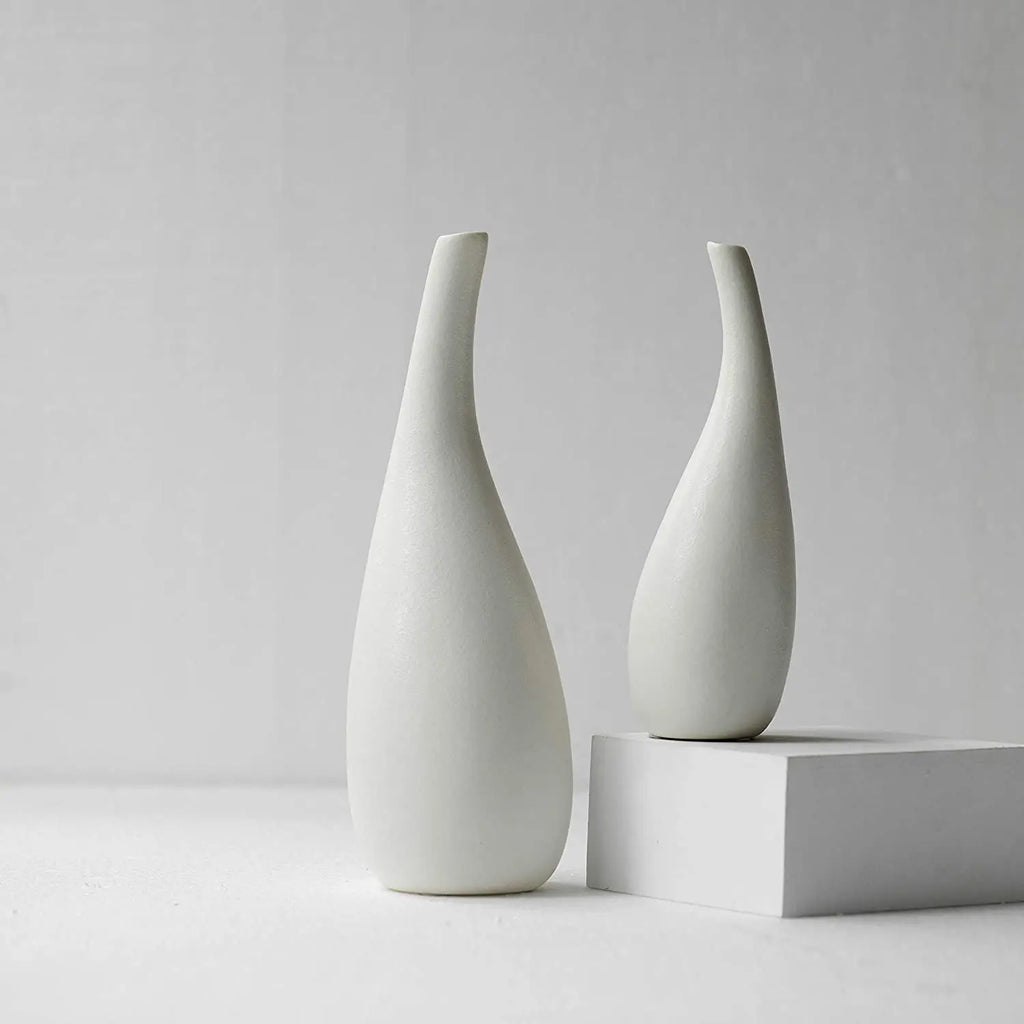 Set 2 Ceramic Vase White Modern Bud Vase Decor, Fire Mantle