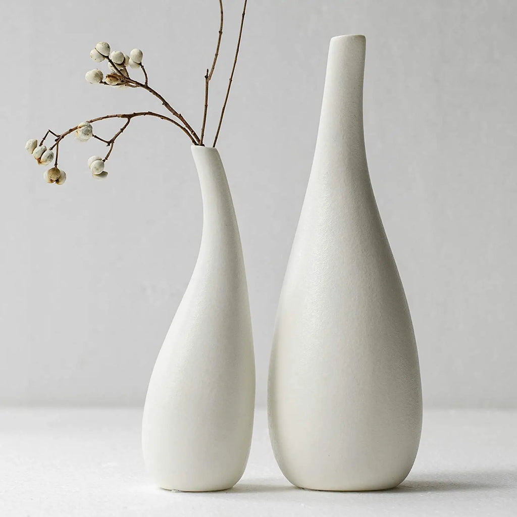 Set 2 Ceramic Vase White Modern Bud Vase Decor, Fire Mantle